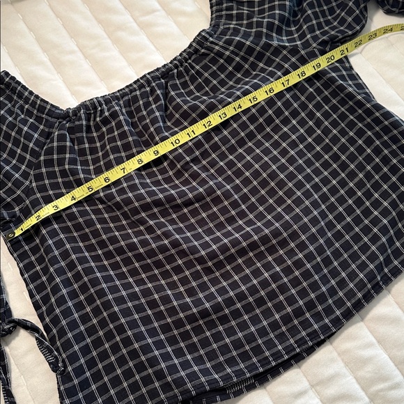 Madewell black Plaid Off-Shoulder Blouse, tie 3/4 sleeve - Picture 5 of 8